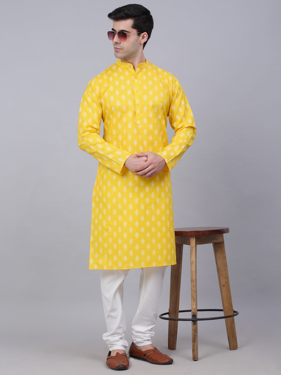 Mens Cotton Floral Printed Kurta Pyjama Set