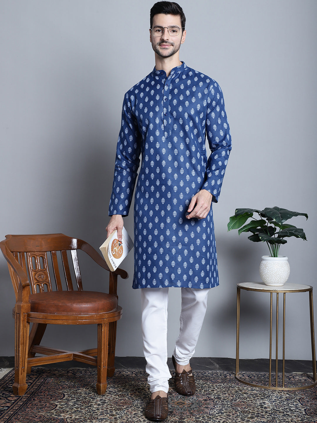 Mens Cotton Floral Printed Kurta Pyjama