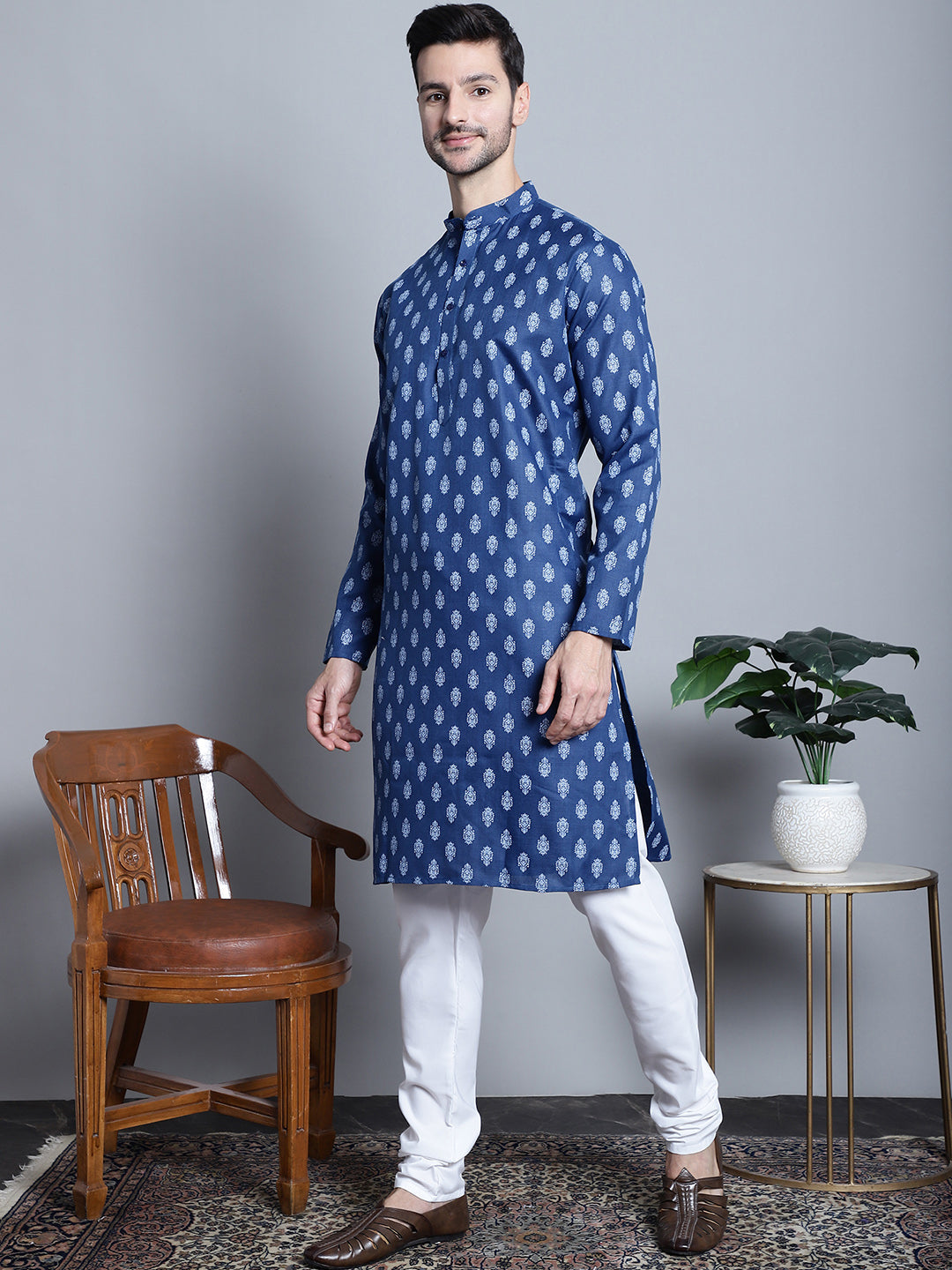 Mens Cotton Floral Printed Kurta Pyjama