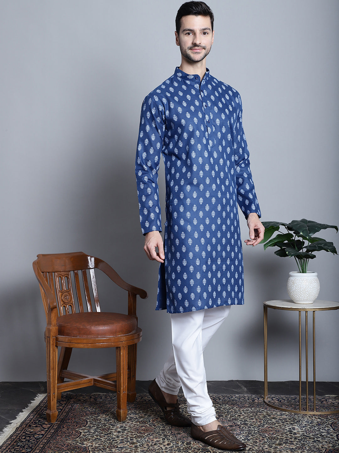 Mens Cotton Floral Printed Kurta Pyjama