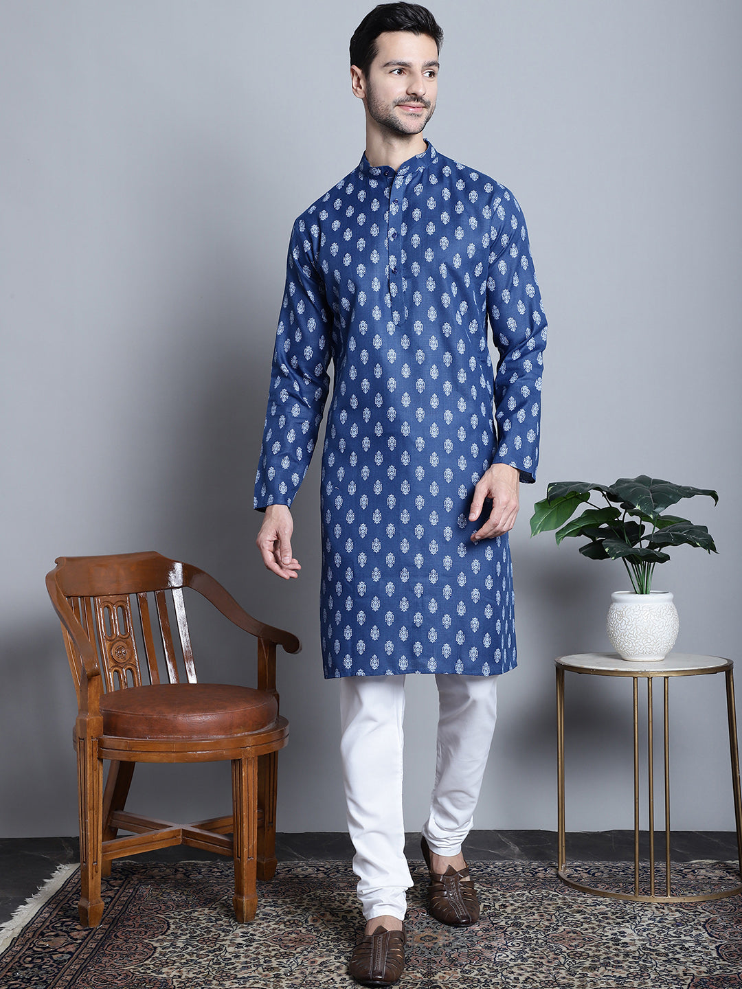 Mens Cotton Floral Printed Kurta Pyjama