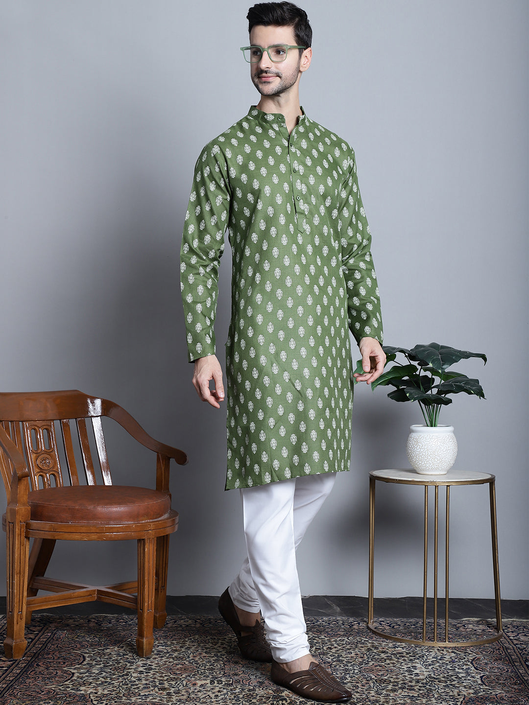 Mens Cotton Floral Printed Kurta Pyjama