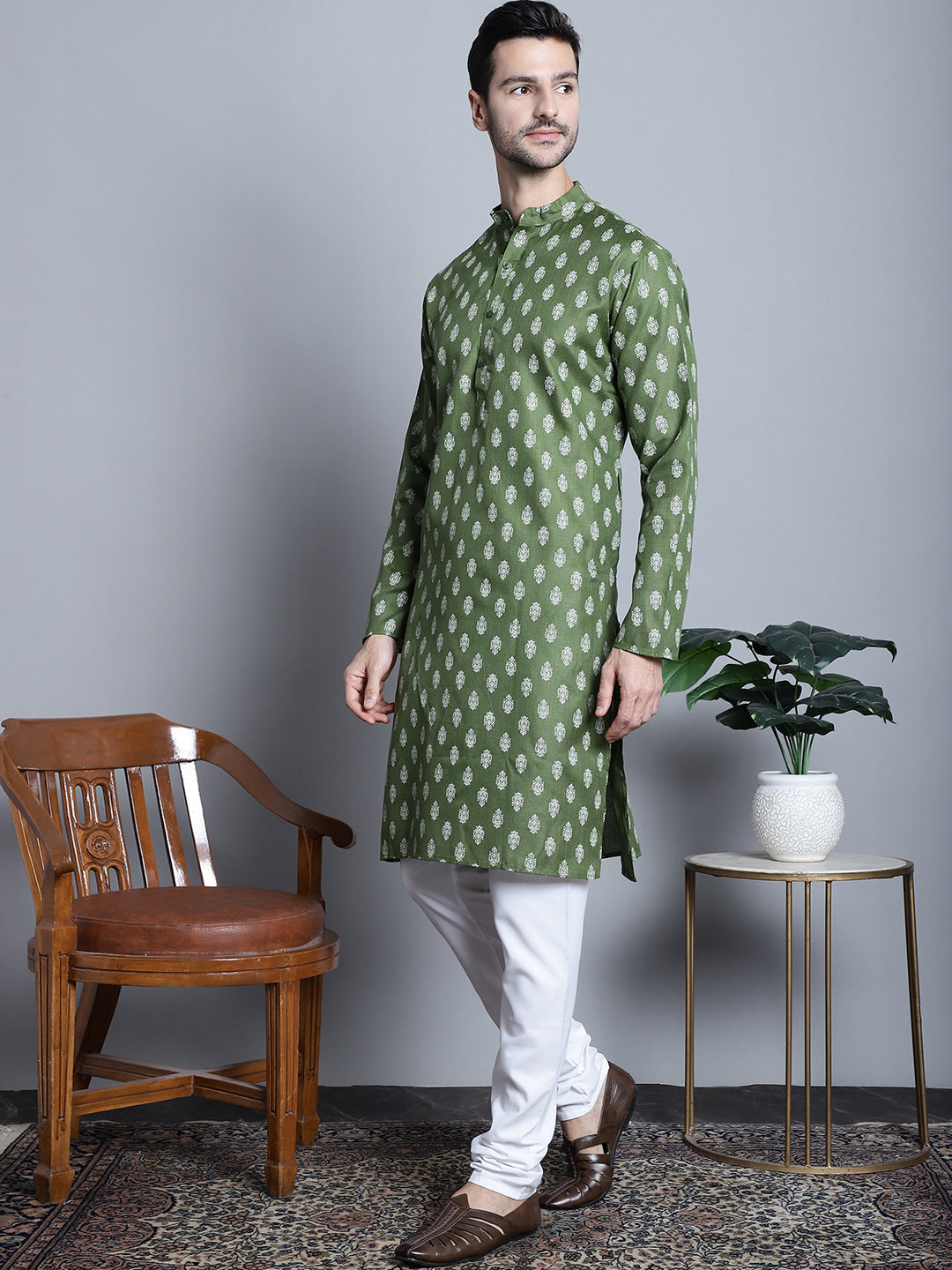 Mens Cotton Floral Printed Kurta Pyjama