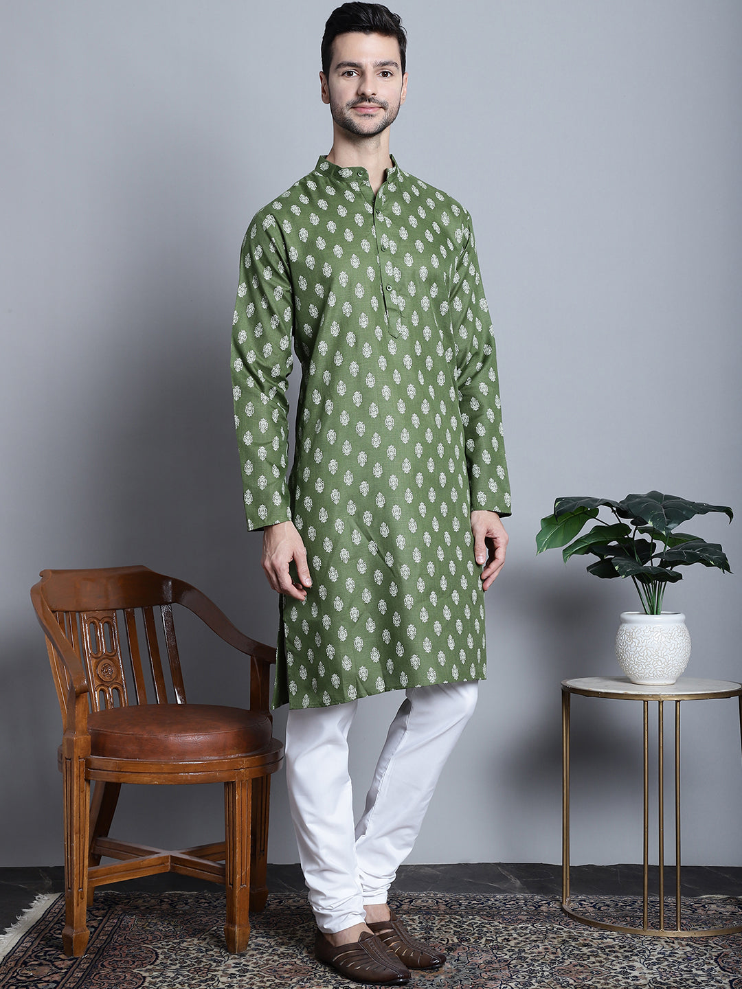 Mens Cotton Floral Printed Kurta Pyjama