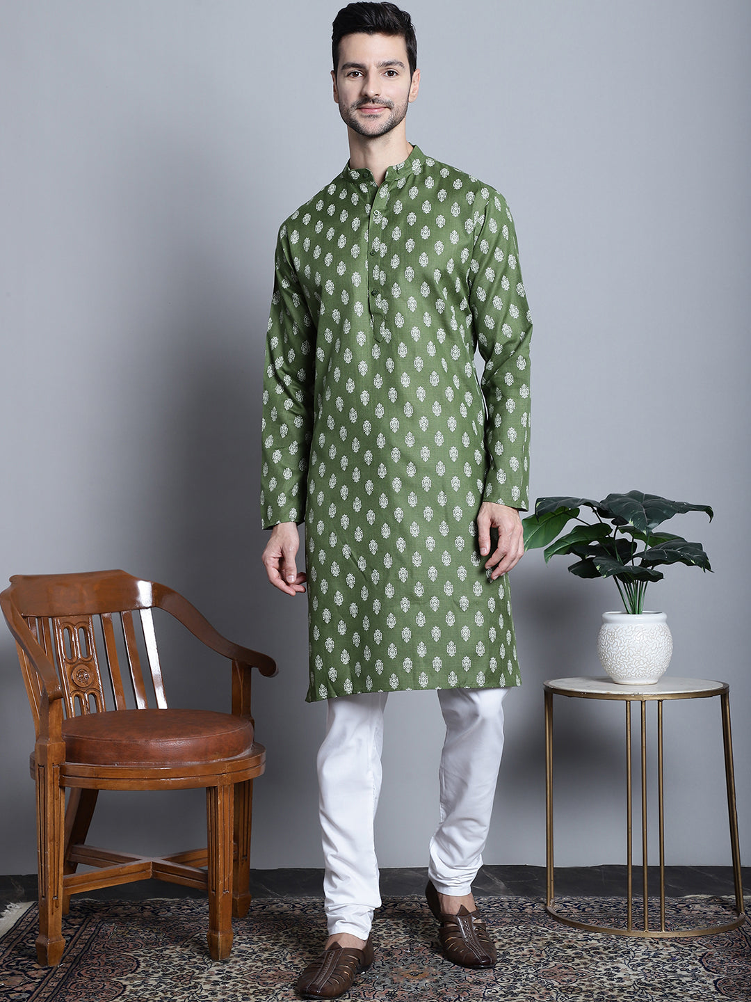 Mens Cotton Floral Printed Kurta Pyjama