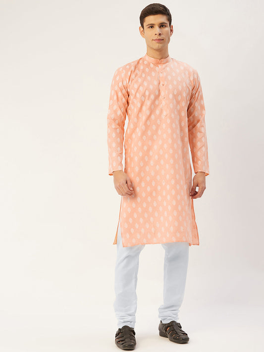 Men's Peach Cotton Floral printed kurta Pyjama Set ( JOKP 650Peach )