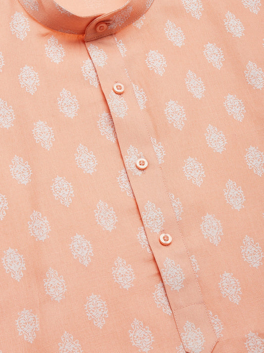 Men's Peach Cotton Floral printed kurta Pyjama Set ( JOKP 650Peach )