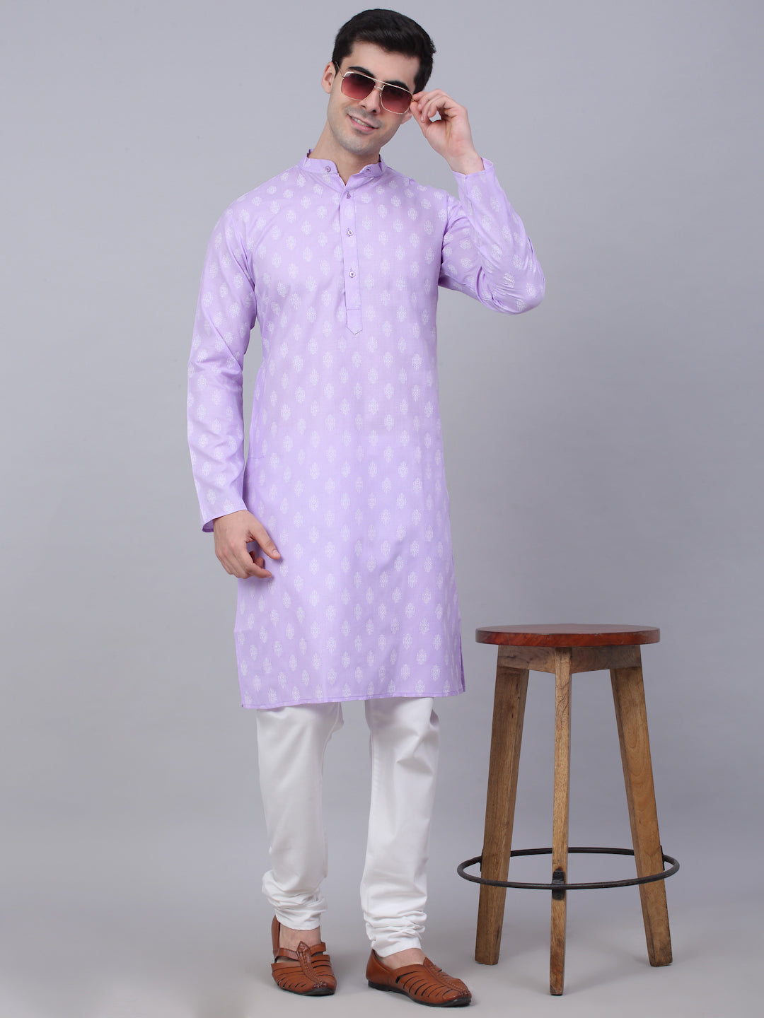 Mens Cotton Floral Printed Kurta Pyjama Set