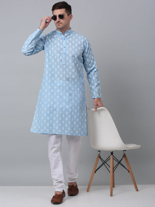 Jompers Mens Sky Cotton Floral Printed Kurta Pyjama Set