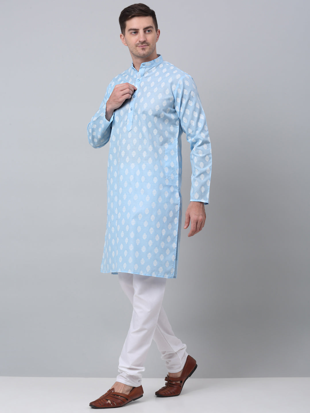 Jompers Mens Sky Cotton Floral Printed Kurta Pyjama Set