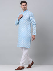 Men's Sky Cotton Floral printed kurta Pyjama Set ( JOKP 650Sky )