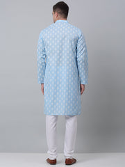 Men's Sky Cotton Floral printed kurta Pyjama Set ( JOKP 650Sky )