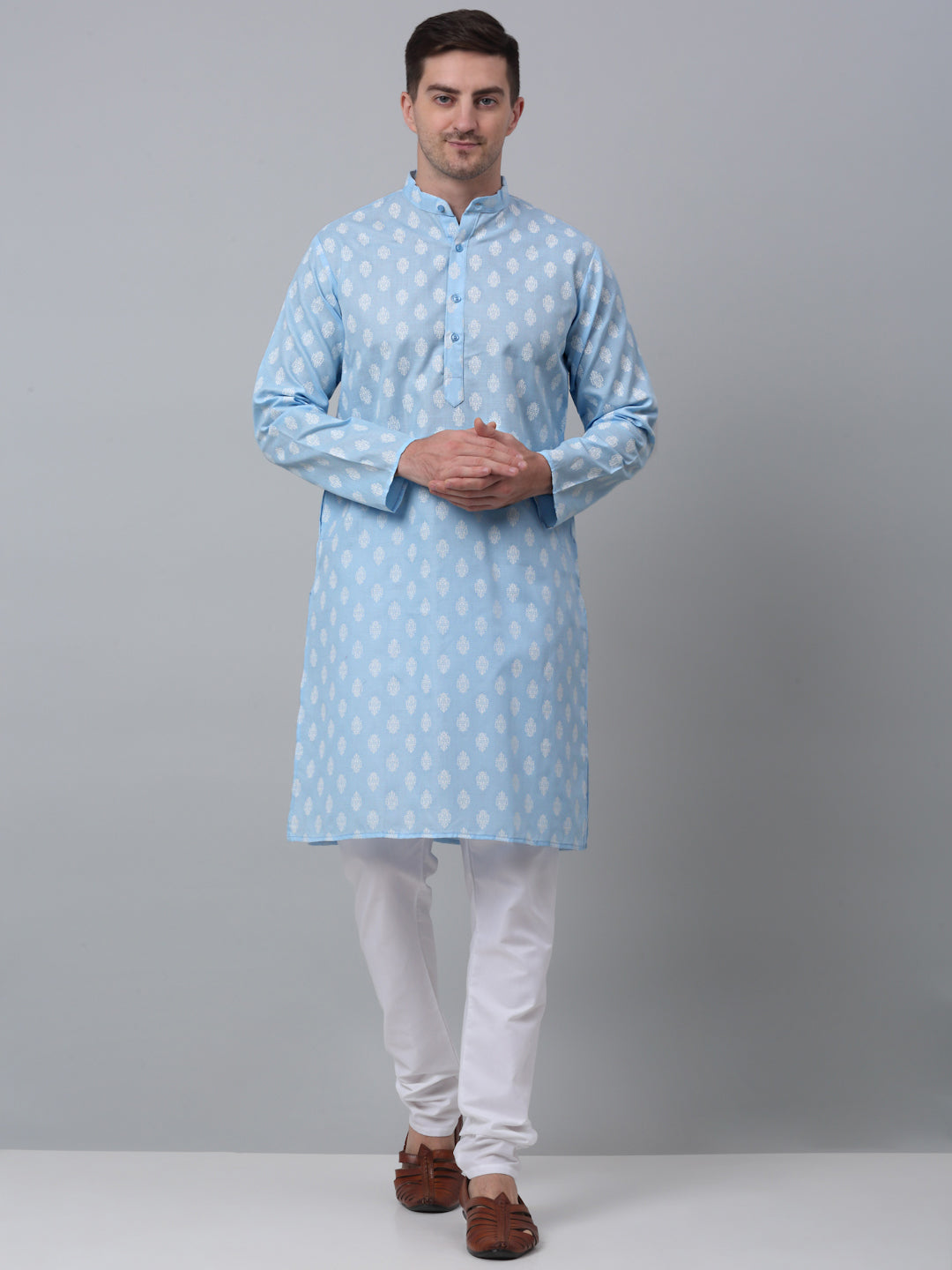 Jompers Mens Sky Cotton Floral Printed Kurta Pyjama Set