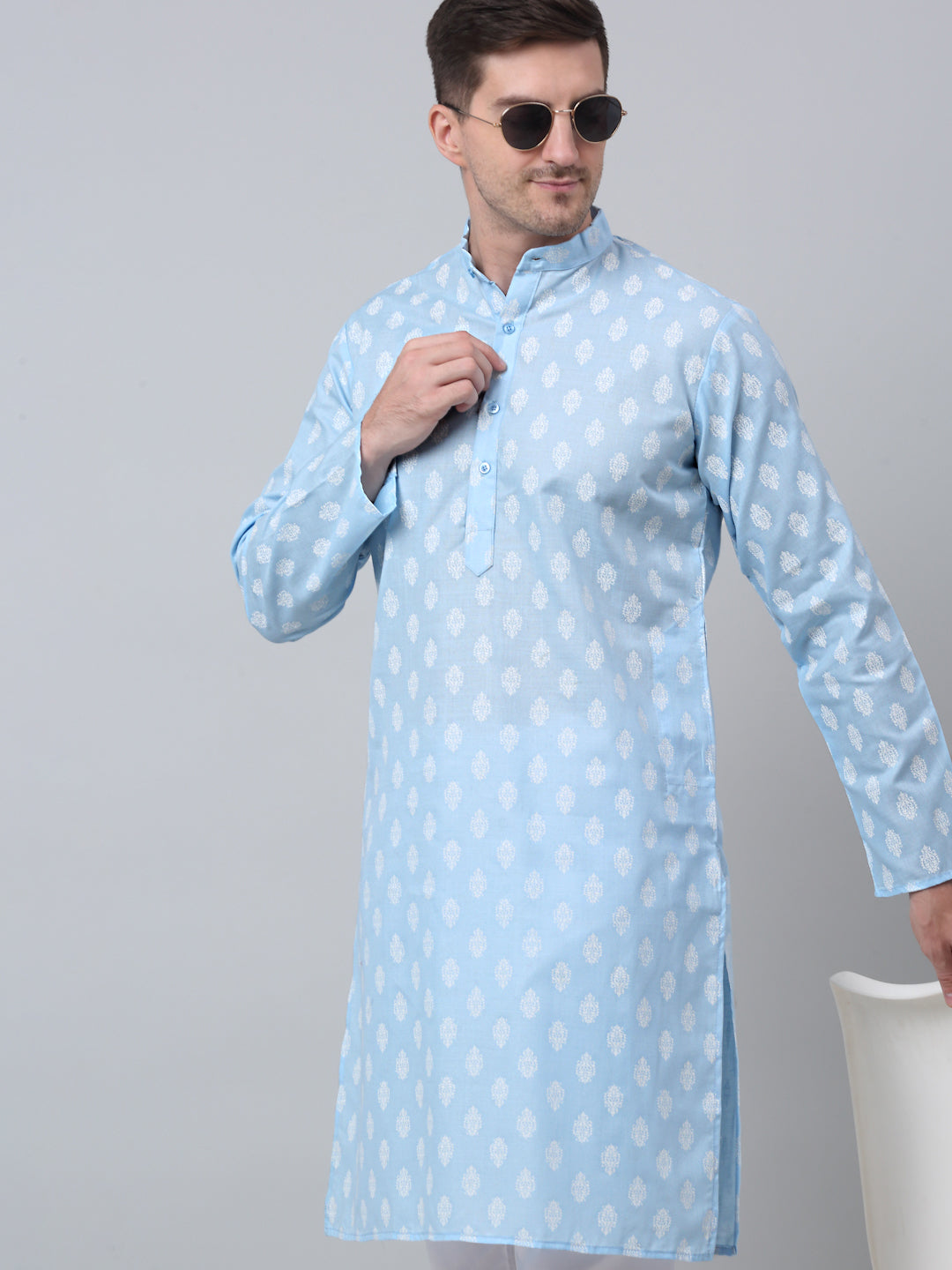 Jompers Mens Sky Cotton Floral Printed Kurta Pyjama Set