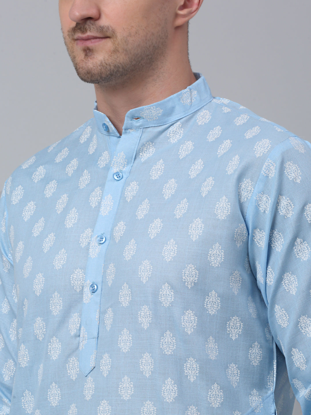 Jompers Mens Sky Cotton Floral Printed Kurta Pyjama Set