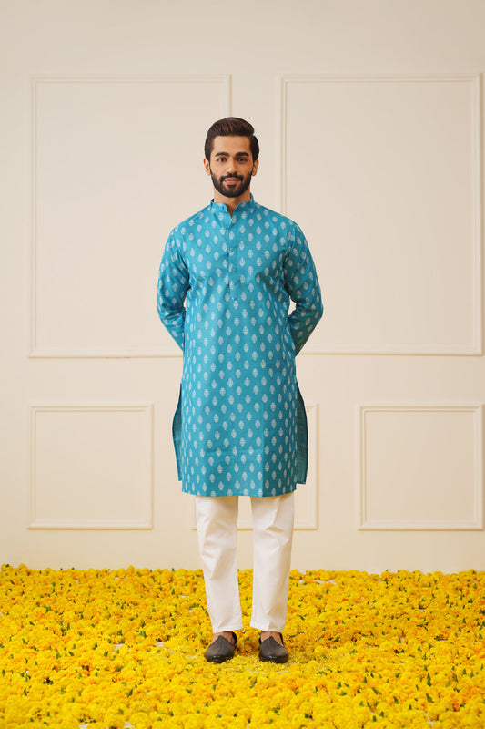 Men's Teal Cotton Floral printed kurta Pyjama Set ( JOKP 650Teal )