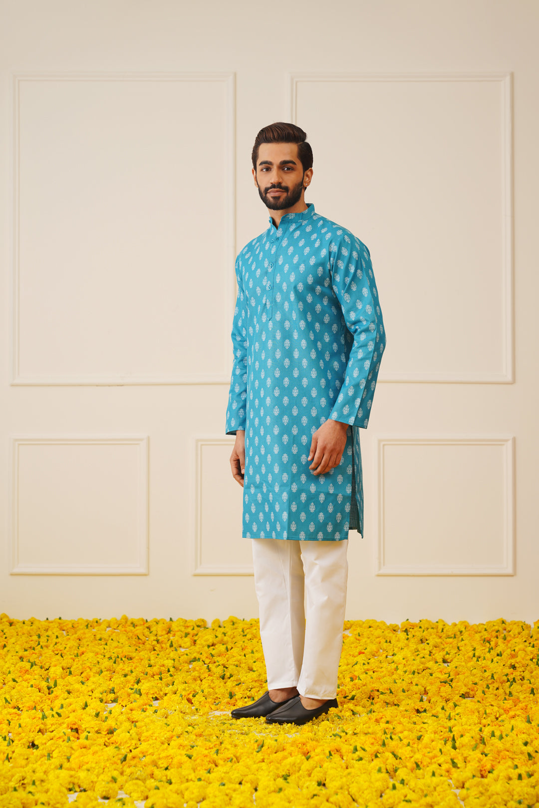 Jompers Mens Teal Cotton Floral Printed Kurta Pyjama Set