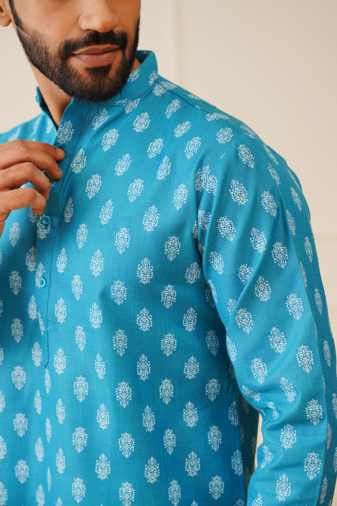Jompers Mens Teal Cotton Floral Printed Kurta Pyjama Set