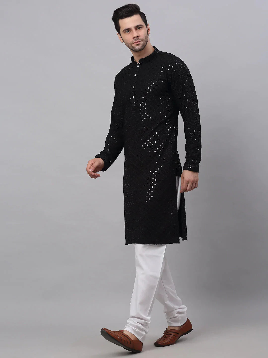 Men Black Chikankari Embroidered And Sequence Kurta With Churidar