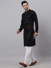 Men Black Chikankari Embroidered and Sequence Kurta with Churidar ( JOKP 678 Black )