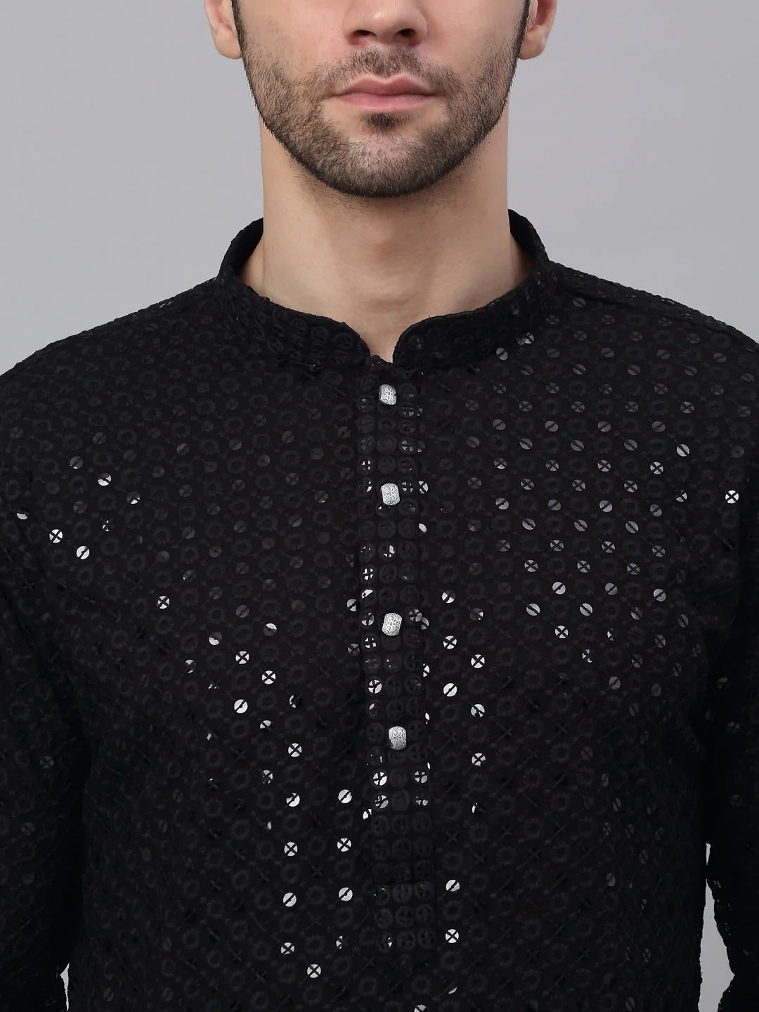 Men Black Chikankari Embroidered And Sequence Kurta With Churidar