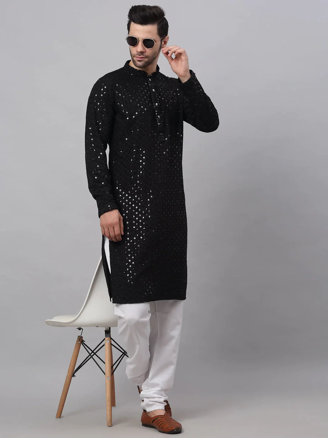 Men Black Chikankari Embroidered And Sequence Kurta With Churidar