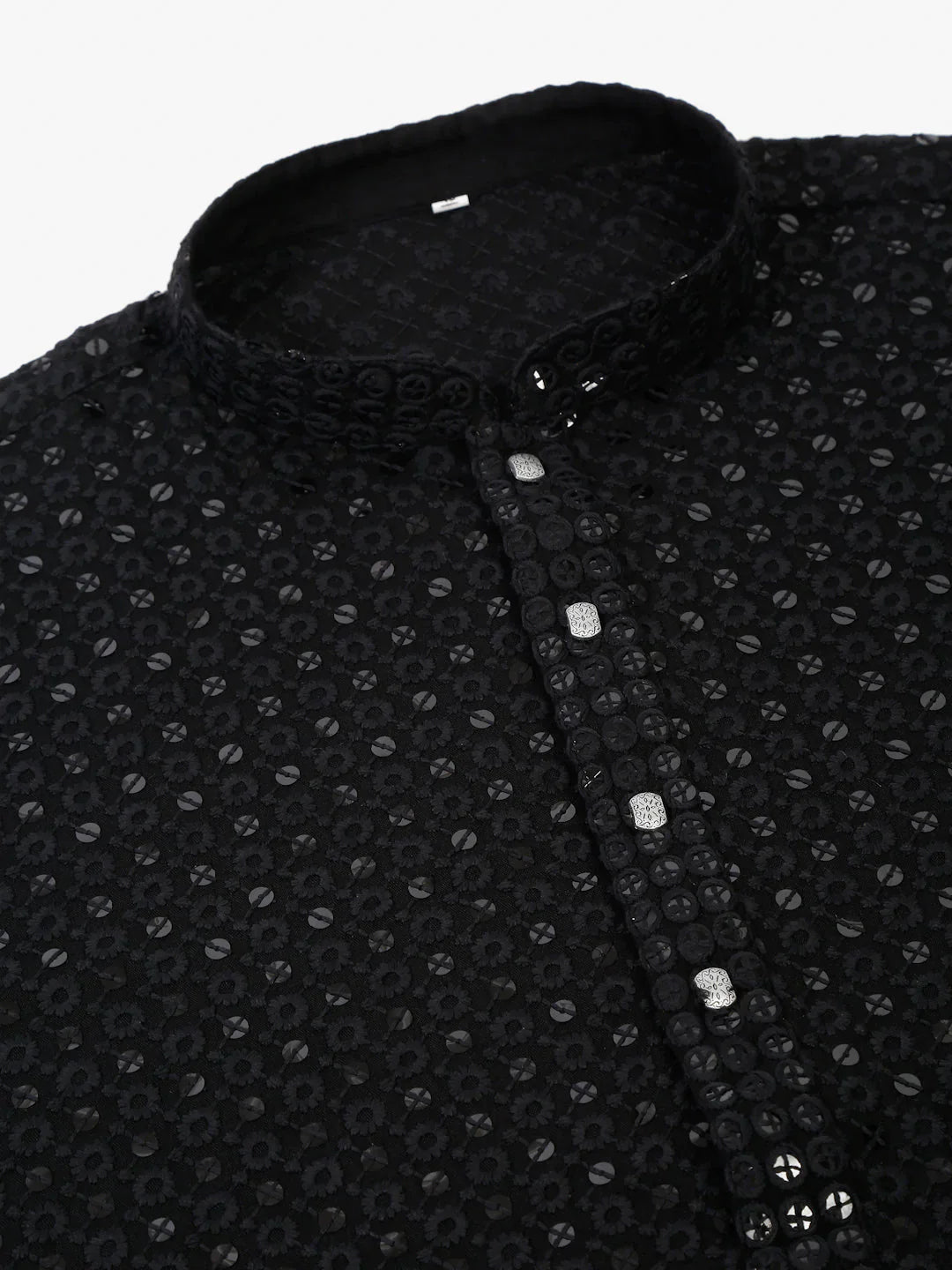 Men Black Chikankari Embroidered And Sequence Kurta With Churidar
