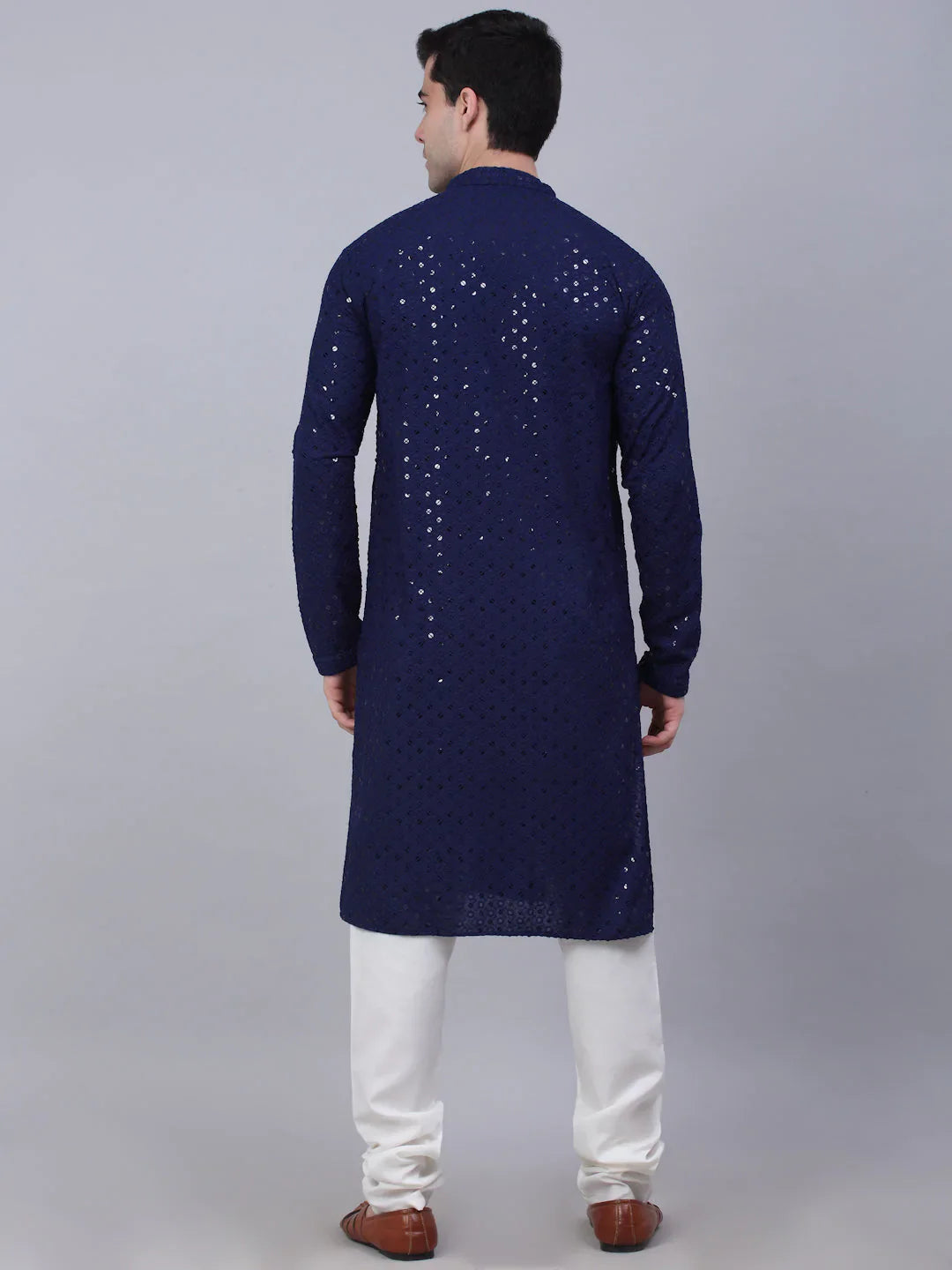 Jompers - Men Navy Blue Chikankari Embroidered And Sequence Kurta With Churidar ( Jokp 678 Navy )