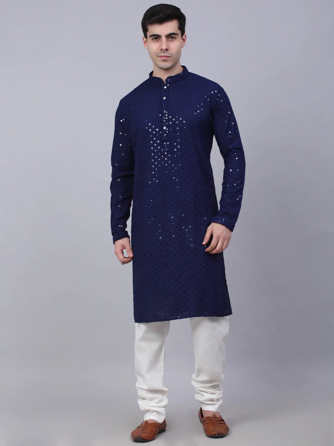 Jompers - Men Navy Blue Chikankari Embroidered And Sequence Kurta With Churidar ( Jokp 678 Navy )