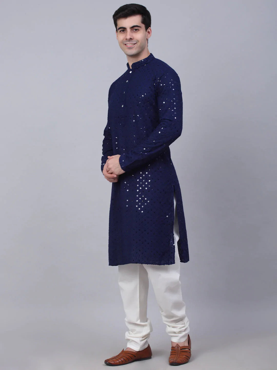 Jompers - Men Navy Blue Chikankari Embroidered And Sequence Kurta With Churidar ( Jokp 678 Navy )