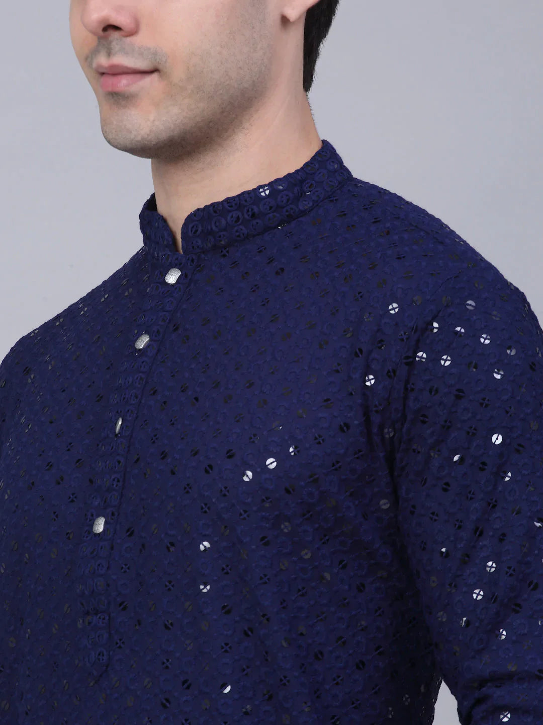Jompers - Men Navy Blue Chikankari Embroidered And Sequence Kurta With Churidar ( Jokp 678 Navy )