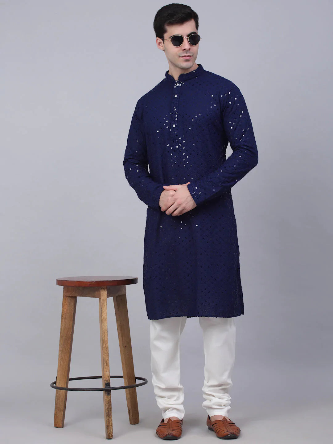 Jompers - Men Navy Blue Chikankari Embroidered And Sequence Kurta With Churidar ( Jokp 678 Navy )