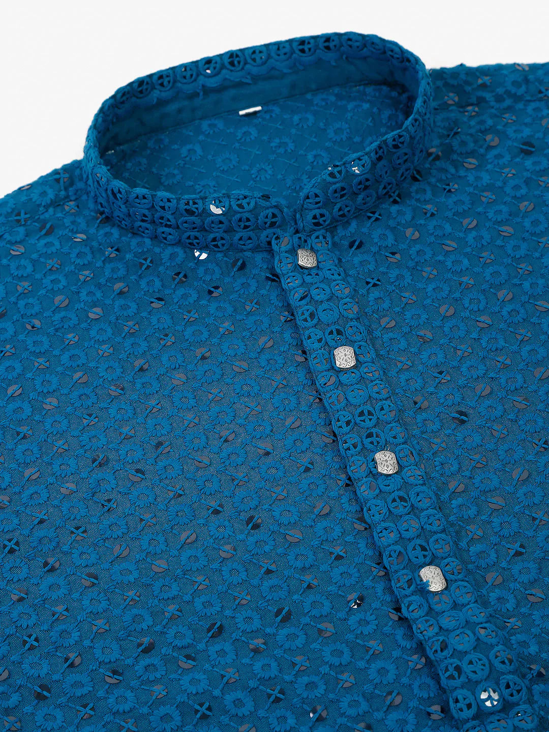 Men Blue Chikankari Embroidered And Sequence Kurta With Churidar