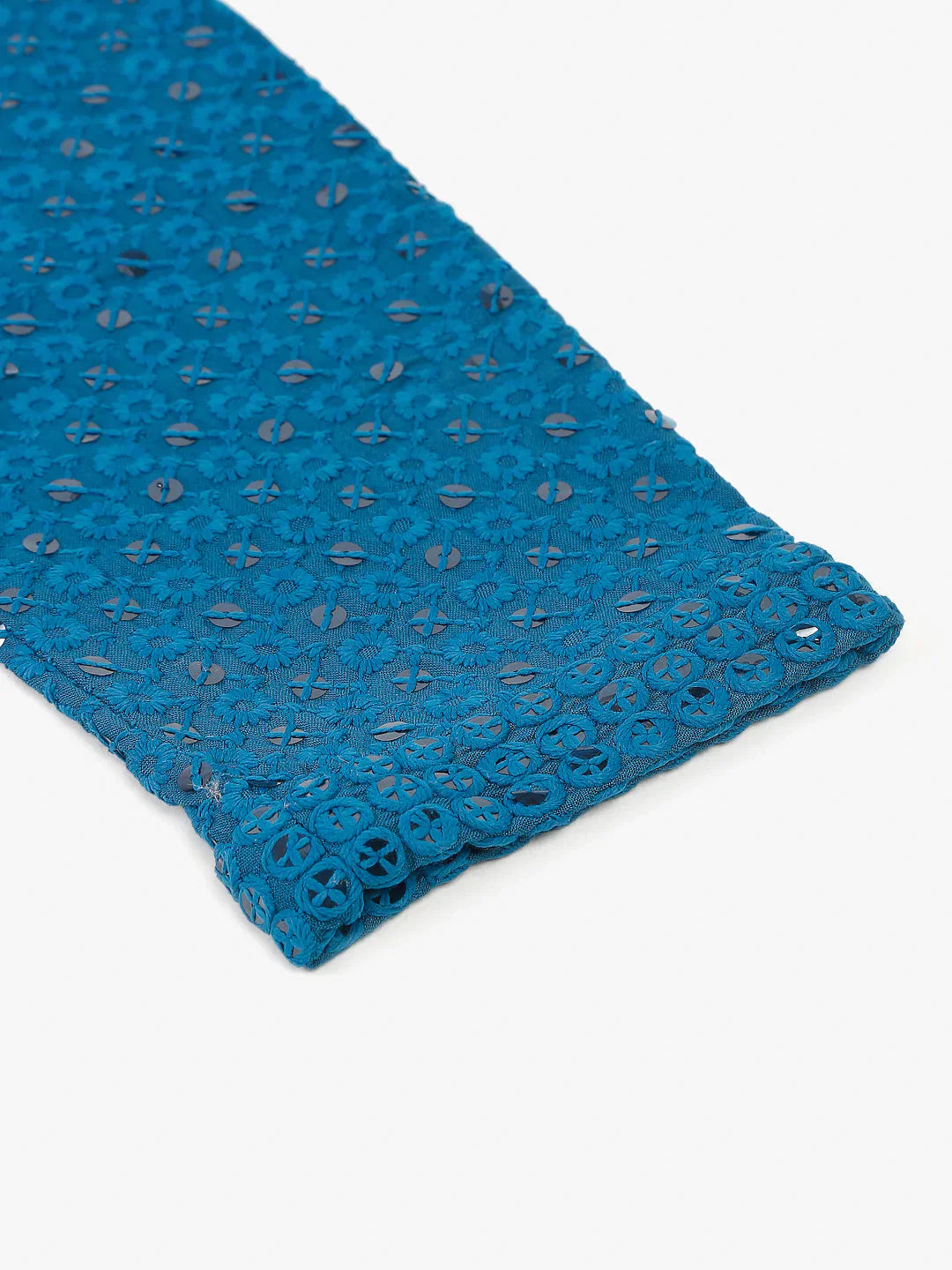 Men Blue Chikankari Embroidered And Sequence Kurta With Churidar