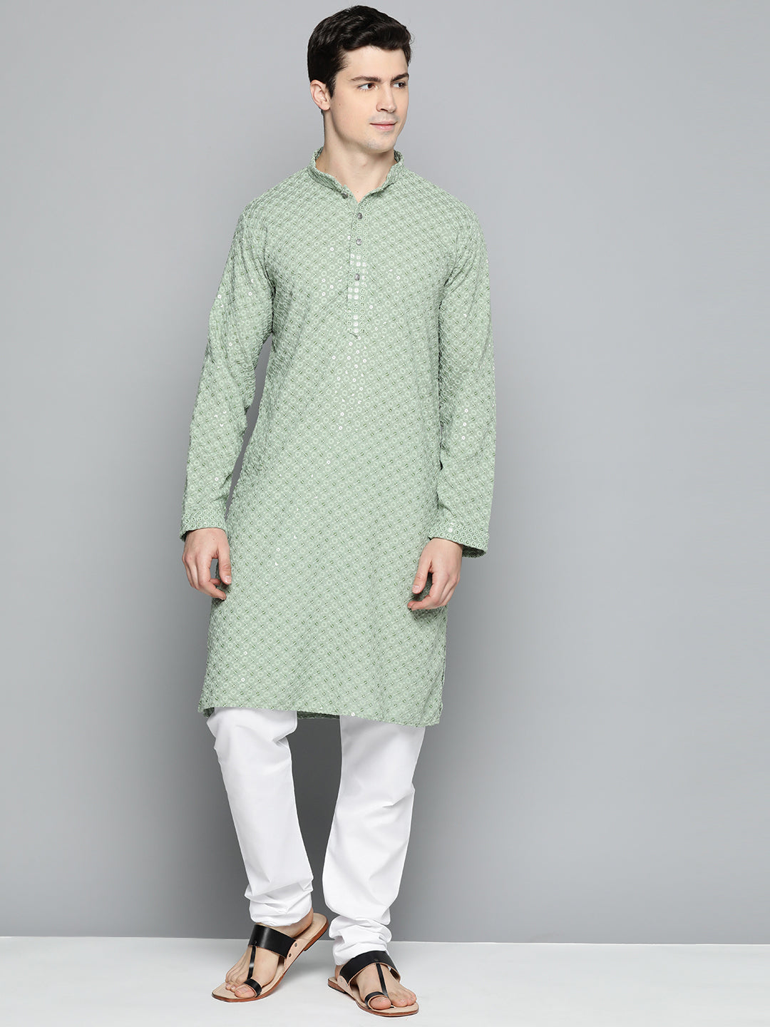 Men Pista Green Chikankari Embroidered And Sequence Kurta With Churidar