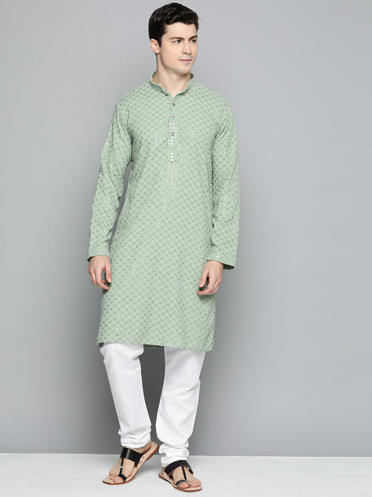 Men Pista Green Chikankari Embroidered And Sequence Kurta With Churidar