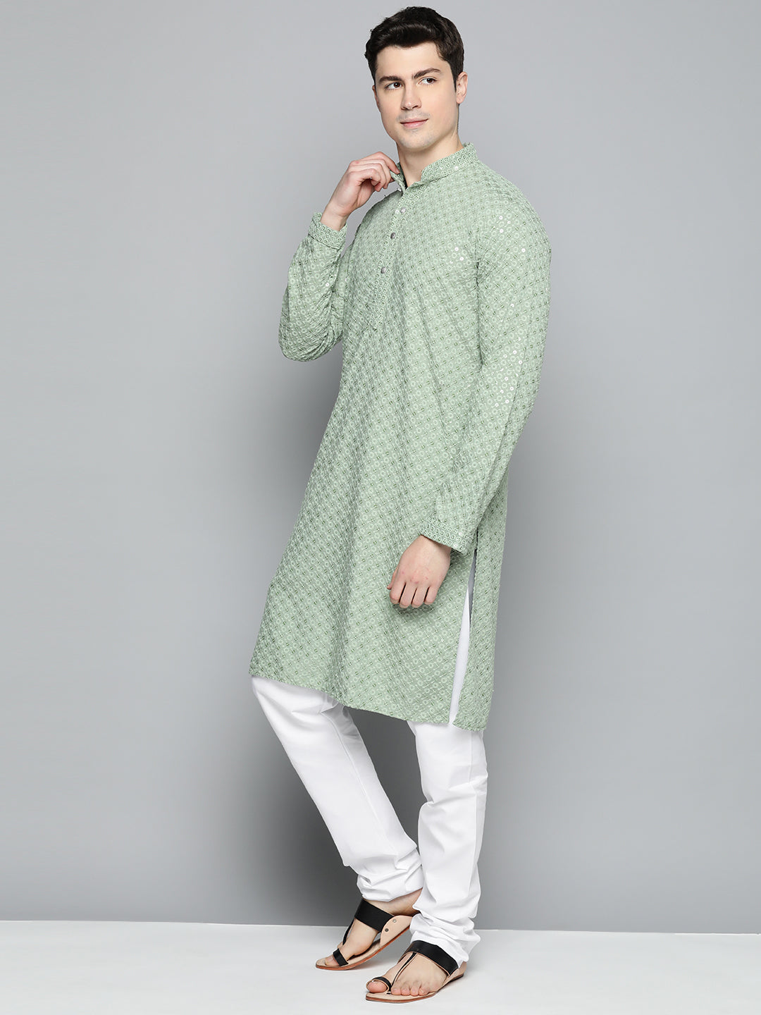 Men Pista Green Chikankari Embroidered And Sequence Kurta With Churidar
