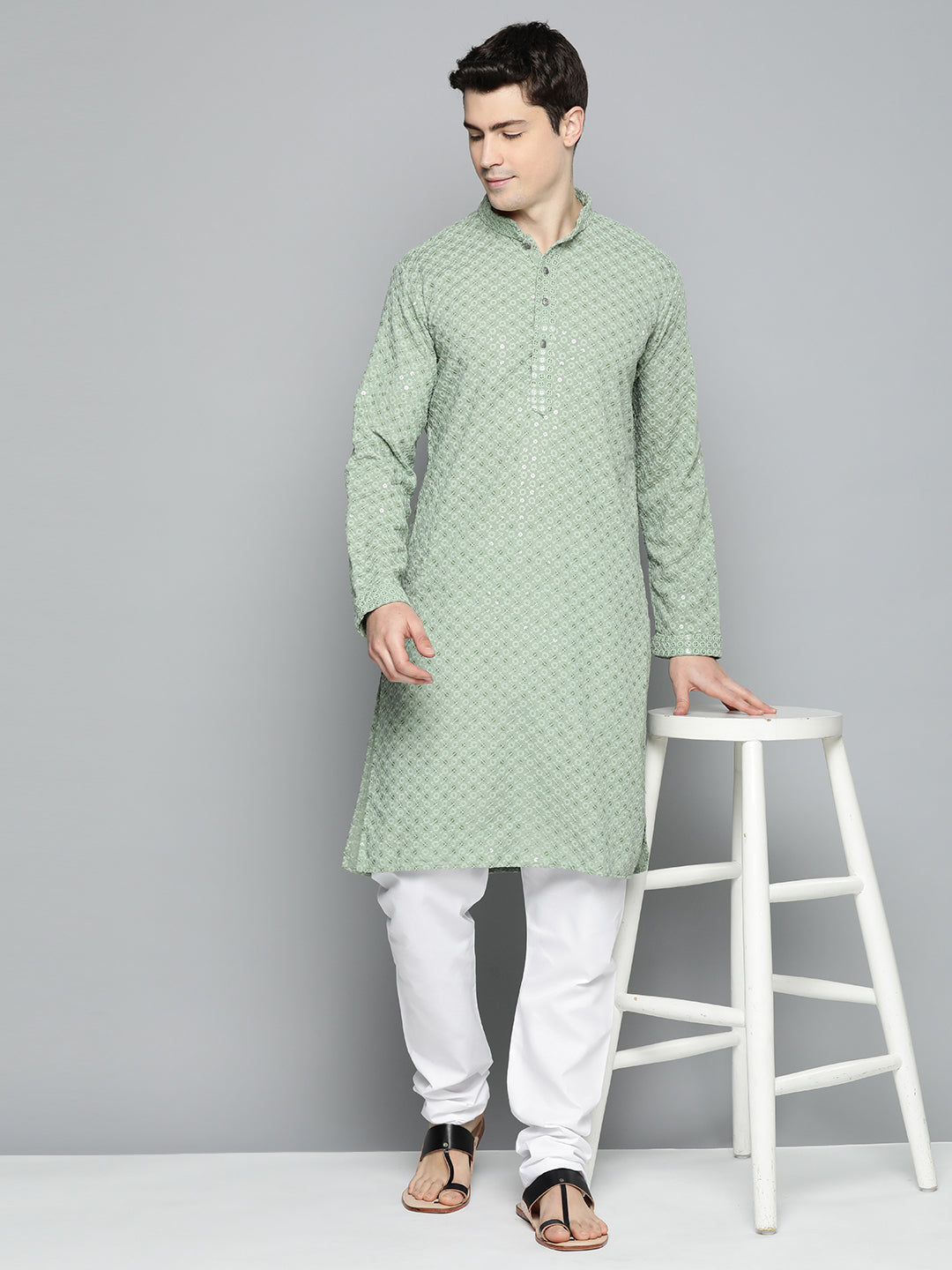 Men Pista Green Chikankari Embroidered And Sequence Kurta With Churidar