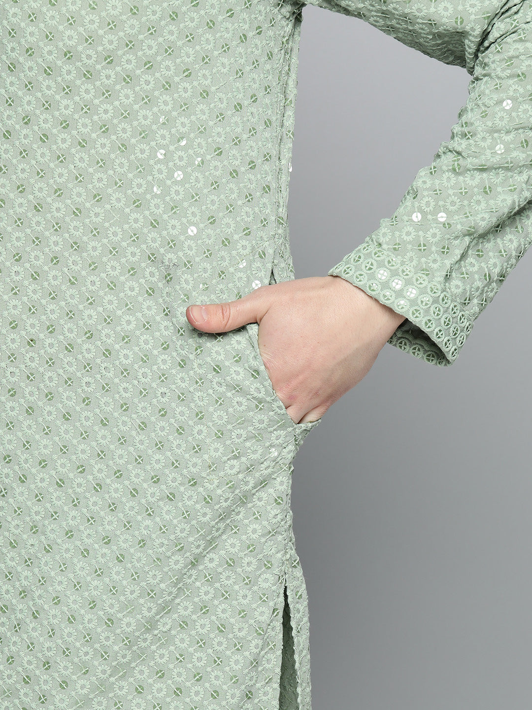 Men Pista Green Chikankari Embroidered And Sequence Kurta With Churidar