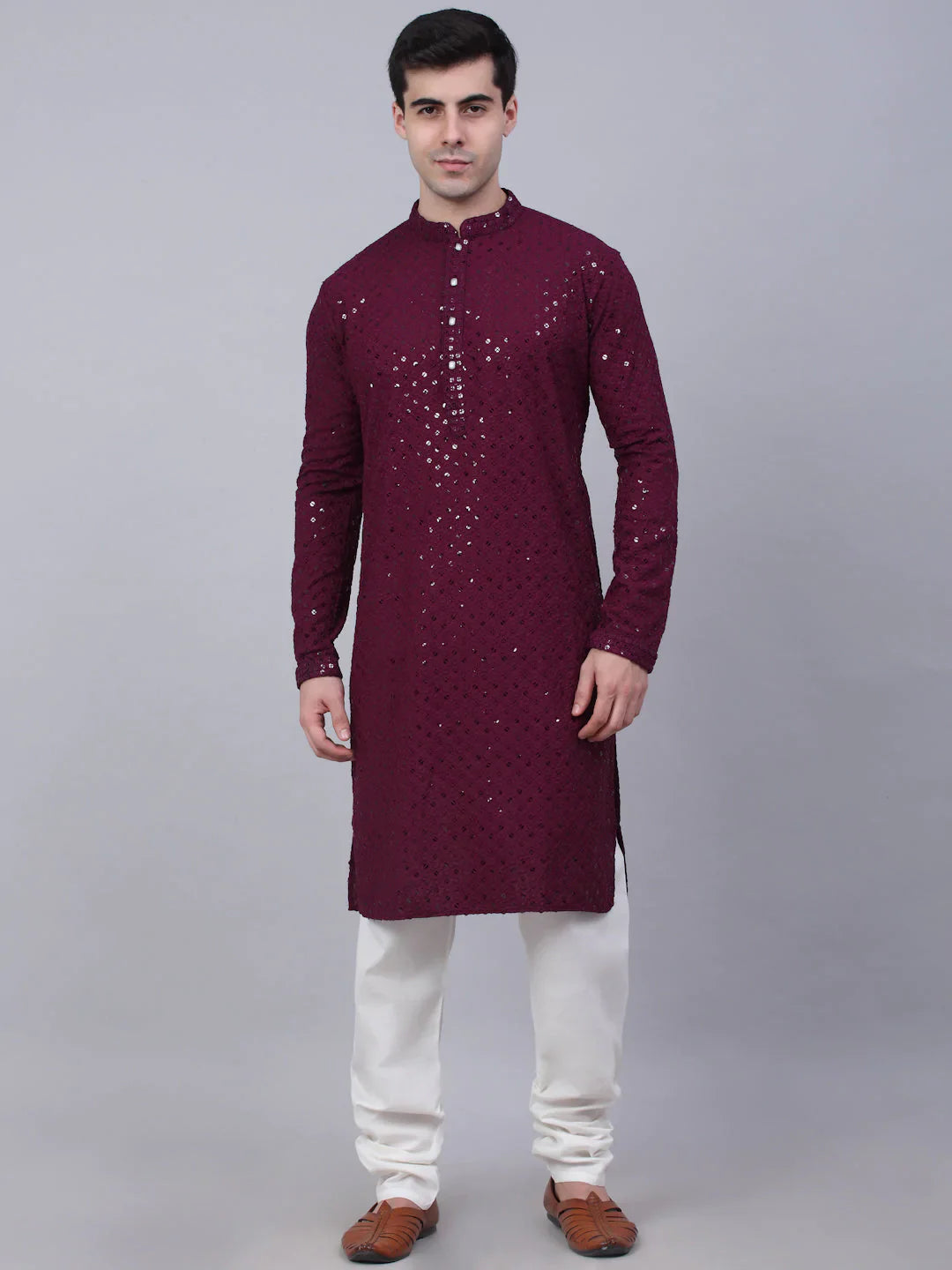 Men Purple Chikankari Embroidered And Sequence Kurta With Churidar