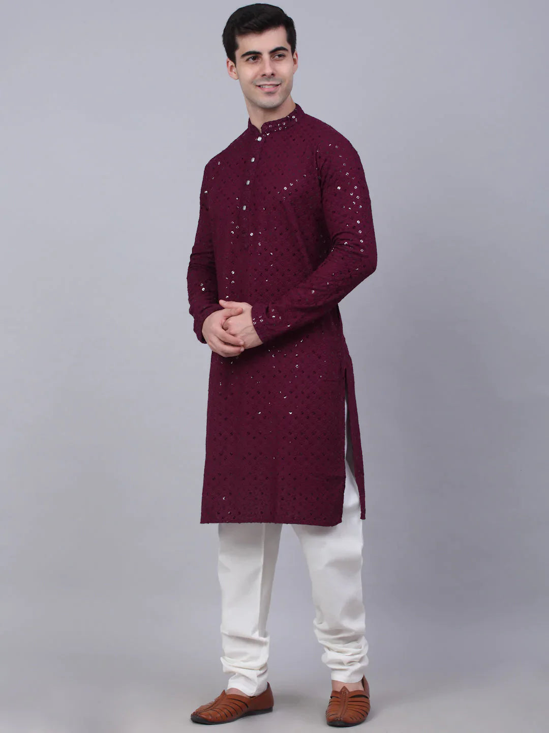 Men Purple Chikankari Embroidered And Sequence Kurta With Churidar