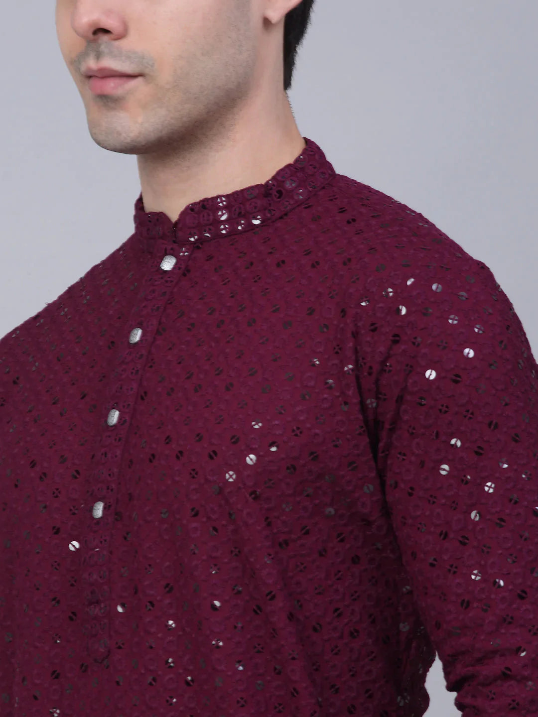 Men Purple Chikankari Embroidered And Sequence Kurta With Churidar