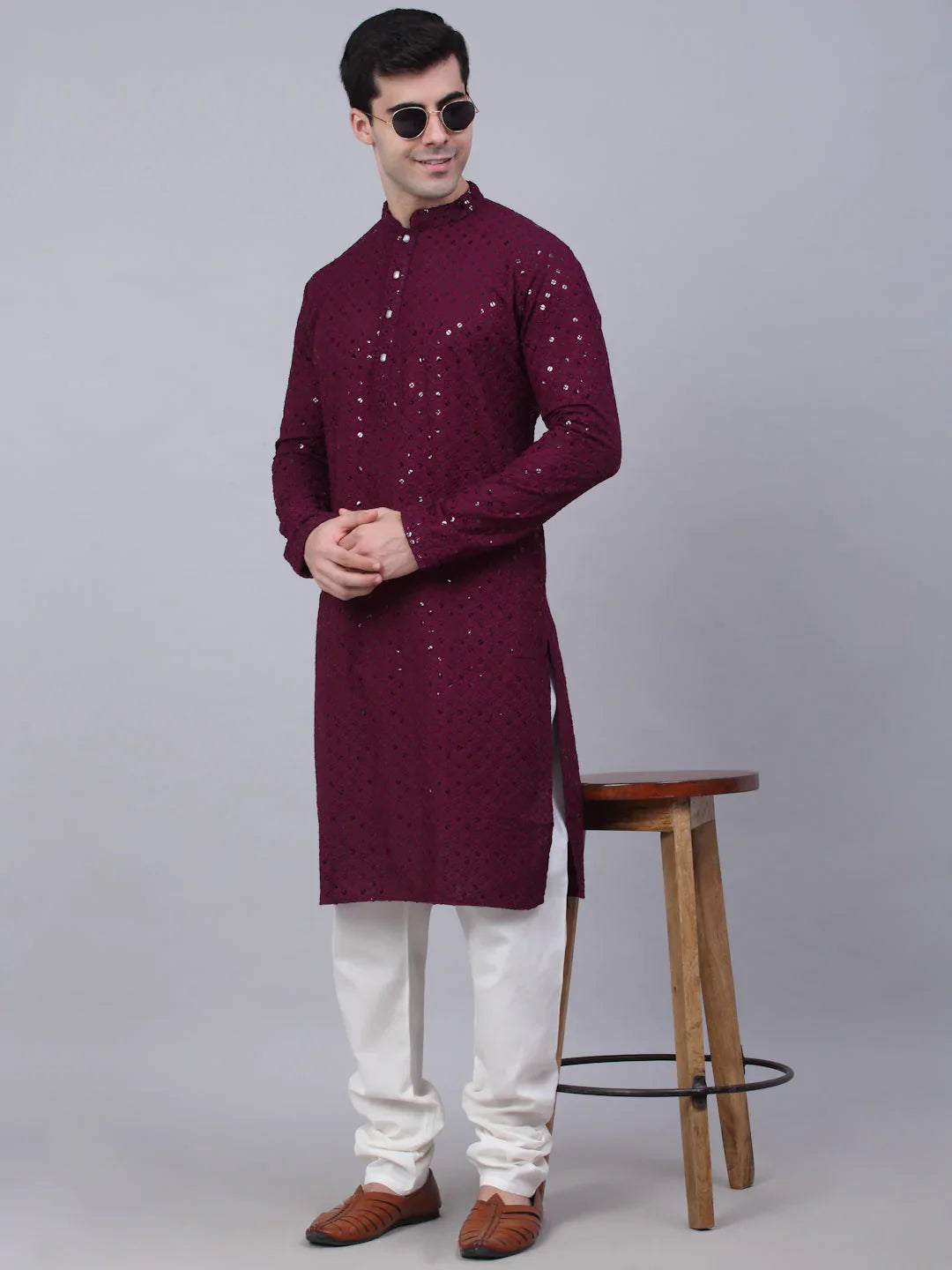 Men Purple Chikankari Embroidered And Sequence Kurta With Churidar