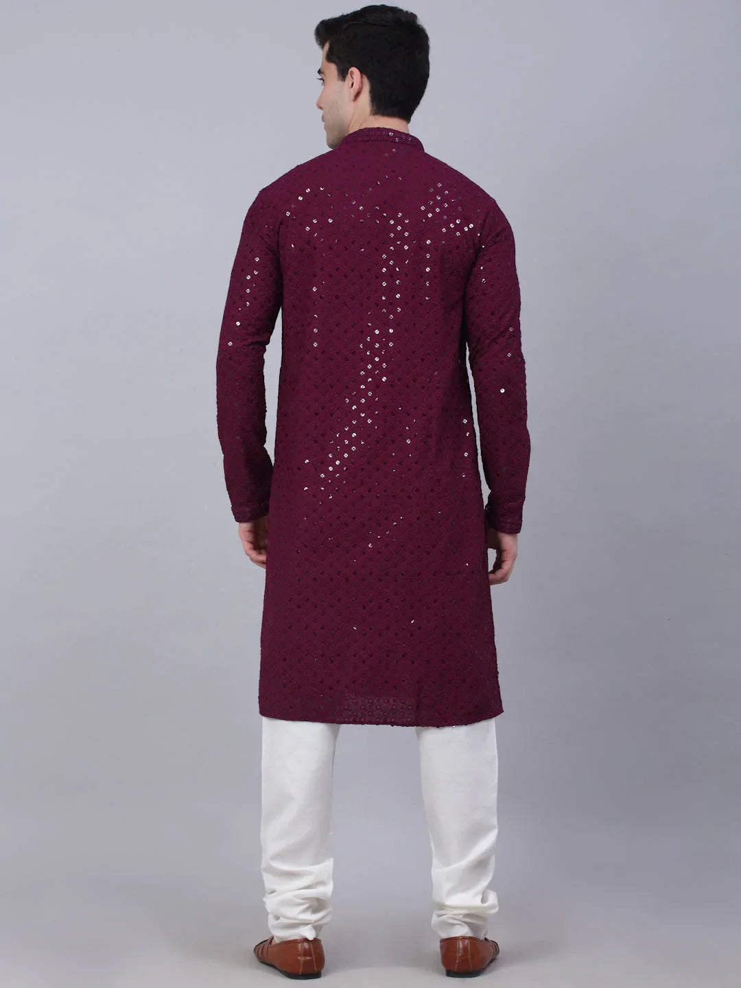 Men Purple Chikankari Embroidered And Sequence Kurta With Churidar