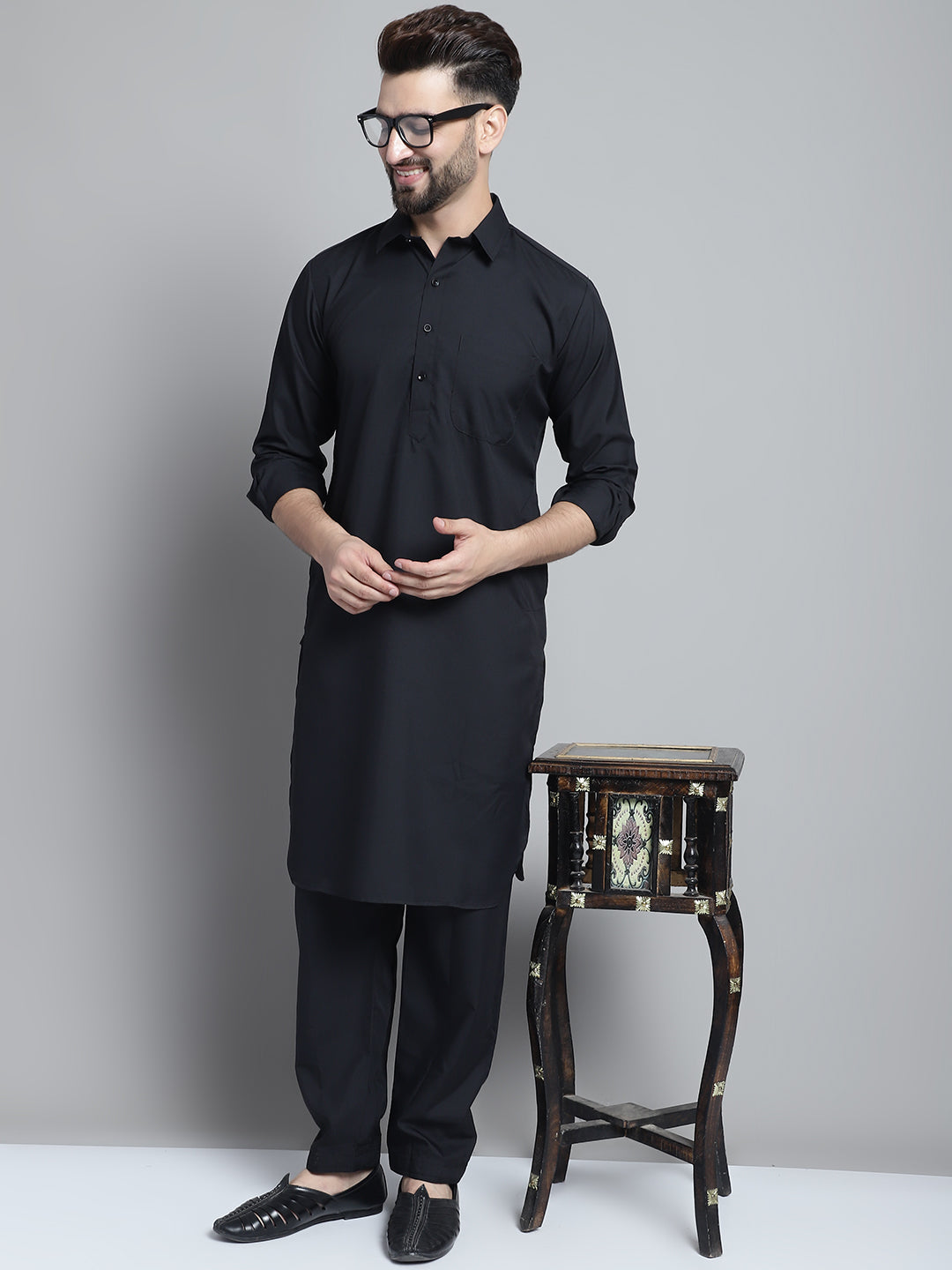 Men's Black Cotton Solid Pathani Kurta with Salwar