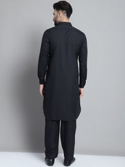 Men's Black Cotton Solid Pathani Kurta with Salwar