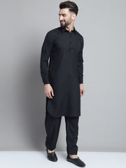 Men's Black Cotton Solid Pathani Kurta with Salwar