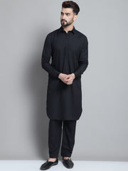 Men's Black Cotton Solid Pathani Kurta with Salwar