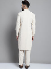 Men's Cream Cotton Solid Pathani Kurta with Salwar
