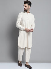 Men's Cream Cotton Solid Pathani Kurta with Salwar